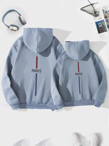 Manfinity Men 1 PC Letter Graphic Drawstring Thermal Lined Hoodie - Dusty Blue - View 3