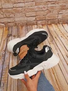 Lace-up Front Chunky Sneakers - Black - View 1
