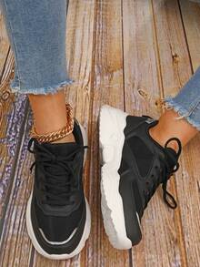 Lace-up Front Chunky Sneakers - Black - View 2