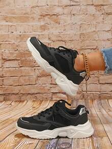 Lace-up Front Chunky Sneakers - Black - View 3