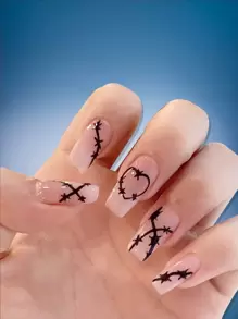 ROMWE Anime 24入組長款方形愛心圖案假指甲和1張膠帶 - 彩色 - 查看 1