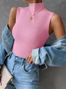 SHEIN Essnce Mock Neck Ribbed Knit Tank Top - Pink - View 1