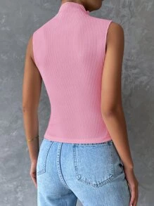 SHEIN Essnce Mock Neck Ribbed Knit Tank Top - Pink - View 2