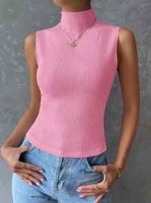 SHEIN Essnce Mock Neck Ribbed Knit Tank Top - Pink - View 3