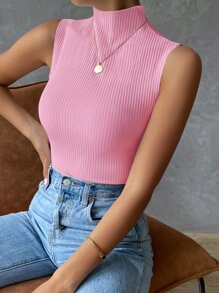 SHEIN Essnce Mock Neck Ribbed Knit Tank Top - Pink - View 5
