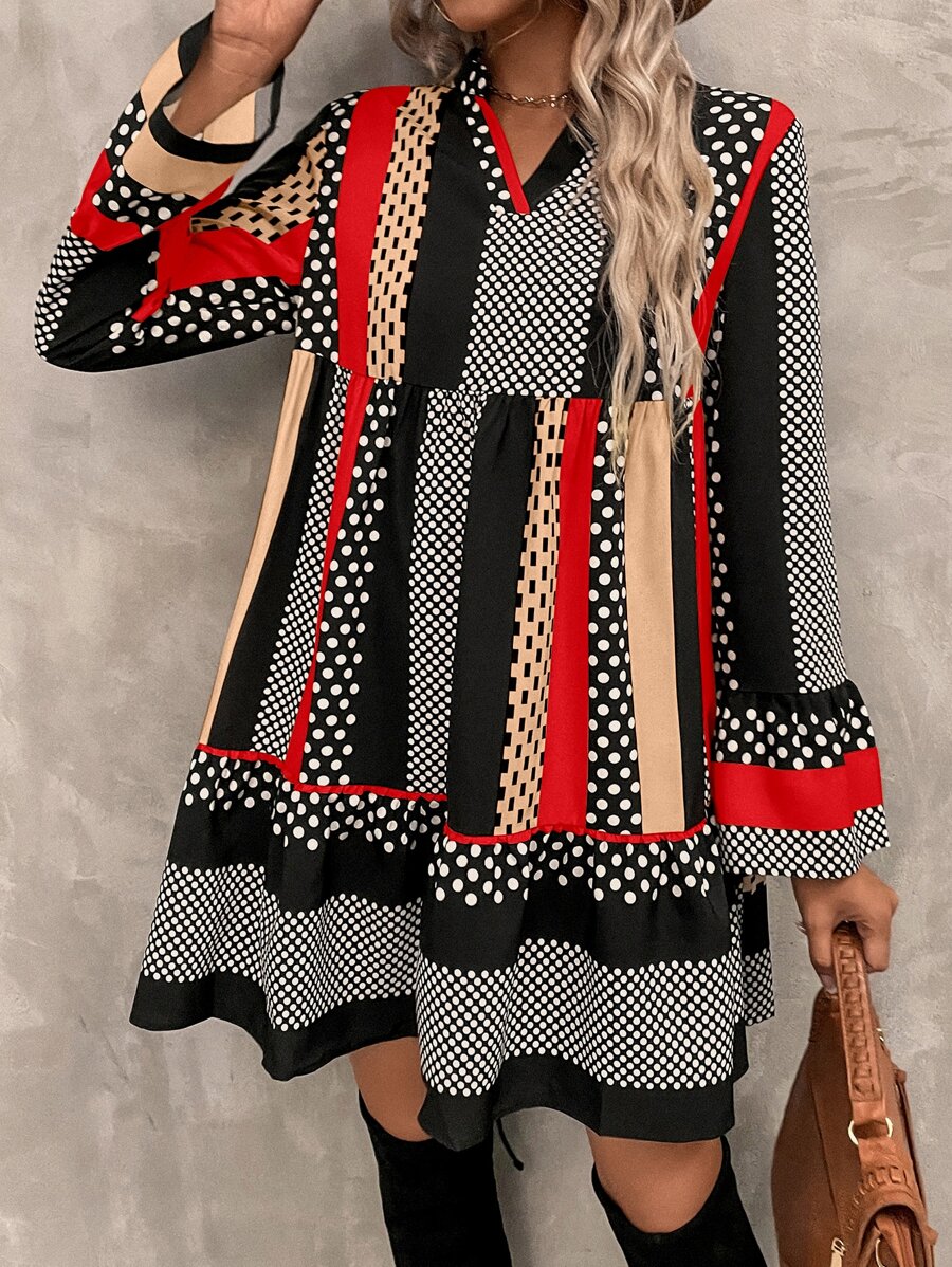 SHEIN LUNE Polka Dot & Striped Print Notched Neck Flounce Sleeve Ruffle Hem Dress - Multicolor - View 1