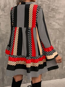 SHEIN LUNE Polka Dot & Striped Print Notched Neck Flounce Sleeve Ruffle Hem Dress - Multicolor - View 2