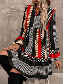 SHEIN LUNE Polka Dot & Striped Print Notched Neck Flounce Sleeve Ruffle Hem Dress - Multicolor - View 3