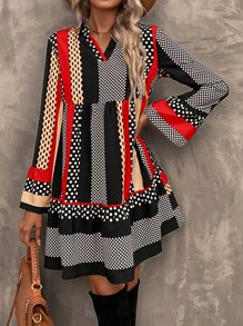 SHEIN LUNE Polka Dot & Striped Print Notched Neck Flounce Sleeve Ruffle Hem Dress - Multicolor - View 4