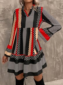 SHEIN LUNE Polka Dot & Striped Print Notched Neck Flounce Sleeve Ruffle Hem Dress - Multicolor - View 5