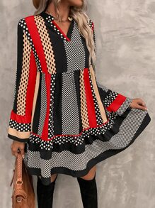 SHEIN LUNE Polka Dot & Striped Print Notched Neck Flounce Sleeve Ruffle Hem Dress - Multicolor - View 6