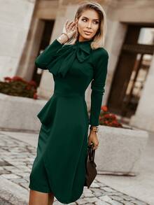 Acelitt Vestido ajustado con fruncido de cuello con cordón - Verde Oscuro - Ver 5
