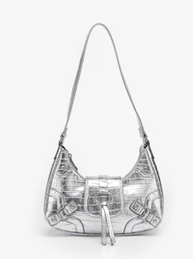 Pu Punk Shoulder Crossbody Bag: Gothic Silver Marble Belt & Thin Cord Buckle Design, Suitable For Students, Office Workers & Commuting - Silver - View 1