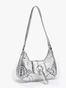Pu Punk Shoulder Crossbody Bag: Gothic Silver Marble Belt & Thin Cord Buckle Design, Suitable For Students, Office Workers & Commuting - Silver - View 3