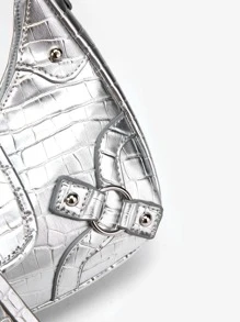 Pu Punk Shoulder Crossbody Bag: Gothic Silver Marble Belt & Thin Cord Buckle Design, Suitable For Students, Office Workers & Commuting - Silver - View 5