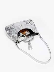 Pu Punk Shoulder Crossbody Bag: Gothic Silver Marble Belt & Thin Cord Buckle Design, Suitable For Students, Office Workers & Commuting - Silver - View 6