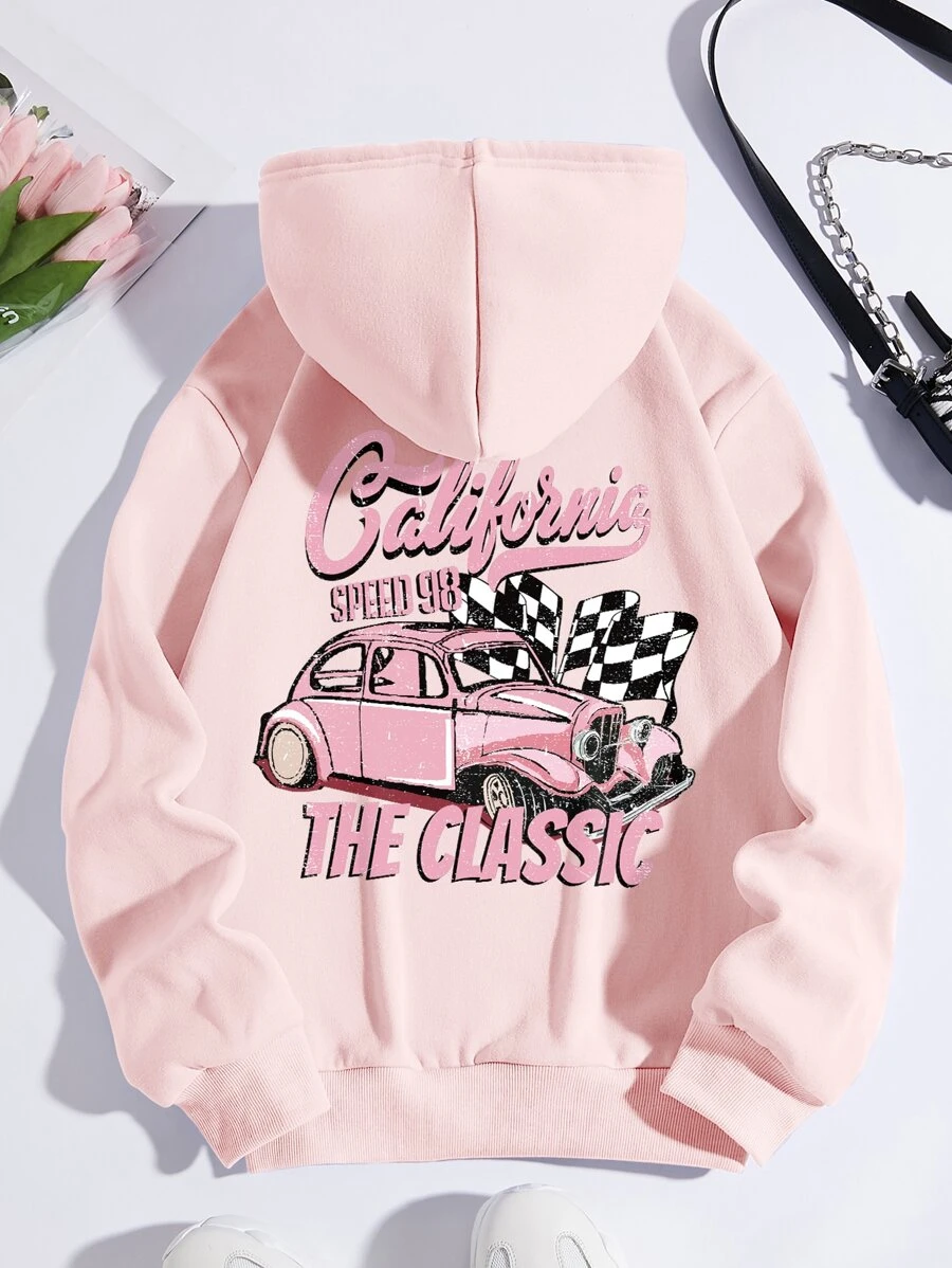 SHEIN LUNE Plus Car & Letter Graphic Drawstring Thermal Lined Hoodie - Baby Pink - View 1