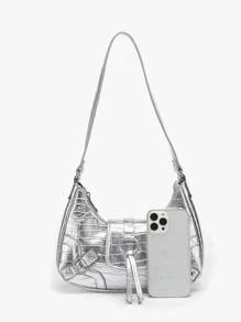 Pu Punk Shoulder Crossbody Bag: Gothic Silver Marble Belt & Thin Cord Buckle Design, Suitable For Students, Office Workers & Commuting - Silver - View 8