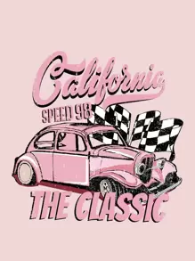 SHEIN LUNE Plus Car & Letter Graphic Drawstring Thermal Lined Hoodie - Baby Pink - View 4