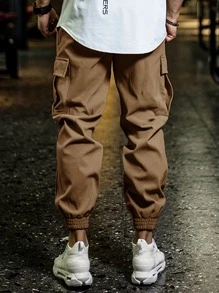 Manfinity Homme Hombres Pantalones cargo con bolsillo con solapa de cintura con cordón - Café integral - Ver 2