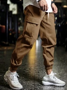 Manfinity Homme Hombres Pantalones cargo con bolsillo con solapa de cintura con cordón - Café integral - Ver 3