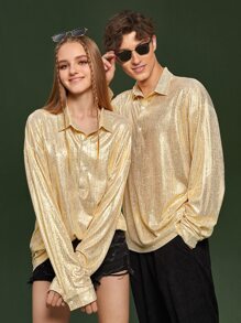 Manfinity 1pc Drop Shoulder Quarter Button Shirt - Champagne - View 1