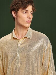 Manfinity 1pc Drop Shoulder Quarter Button Shirt - Champagne - View 8