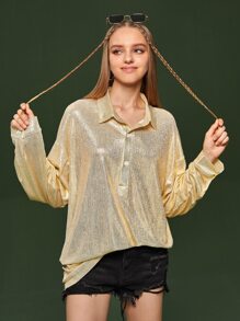 Manfinity 1pc Drop Shoulder Quarter Button Shirt - Champagne - View 2