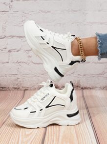 Letter Detail Lace-up Front Wedge Sneakers - Black and White - View 1