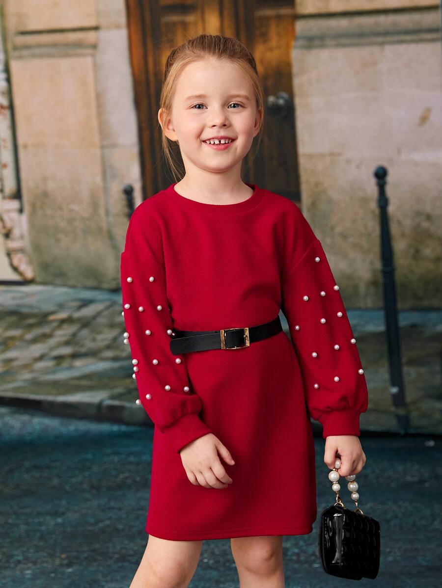 SHEIN 小女童珍珠串珠燈籠袖洋裝不附腰帶