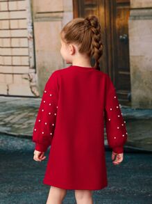 SHEIN 小女童珍珠串珠燈籠袖洋裝不附腰帶