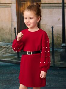 SHEIN 小女童珍珠串珠燈籠袖洋裝不附腰帶