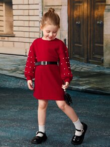 SHEIN 小女童珍珠串珠燈籠袖洋裝不附腰帶