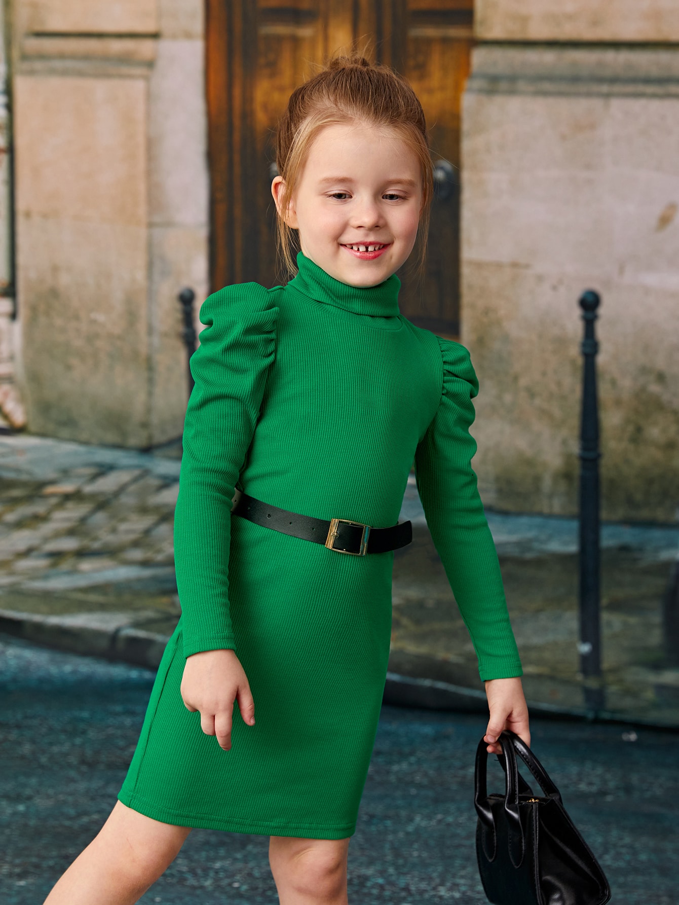 SHEIN Kids FANZEY Toddler Girls Turtleneck Puff Sleeve Dress Without