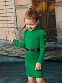 SHEIN Young Girl Turtleneck Puff Sleeve Dress Without Belt - Green - View 4