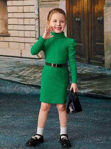SHEIN Young Girl Turtleneck Puff Sleeve Dress Without Belt - Green - View 5