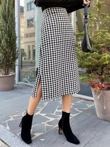 DAZY Chân váy xẻ tà họa tiết răng cưa, thích hợp cho mùa thu và mùa đông. - Đen và trắng - Xem 1