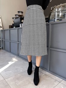 DAZY Chân váy xẻ tà họa tiết răng cưa, thích hợp cho mùa thu và mùa đông. - Đen và trắng - Xem 4