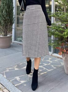 DAZY Chân váy xẻ tà họa tiết răng cưa, thích hợp cho mùa thu và mùa đông. - Đen và trắng - Xem 5