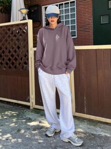 DAZY Slogan Graphic Drop Shoulder Hoodie Sweatshirt - Mauve Purple - View 3