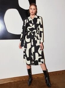 MOTF PREMIUM 粘膠纖維抽象印花側系帶連衣裙 - 黑與白 - 查看 6