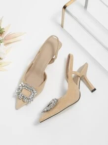 Women's Fashion Black High Heel Pointed Toe Bowknot Crystal Embellished Ankle Strap Sandals - Apricot - View 4