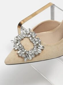Women's Fashion Black High Heel Pointed Toe Bowknot Crystal Embellished Ankle Strap Sandals - Apricot - View 6