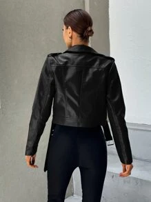 Aveloria Modichic Zip Up Belted PU Leather Biker Jacket - Black - View 2