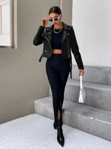 Aveloria Modichic Zip Up Belted PU Leather Biker Jacket - Black - View 3