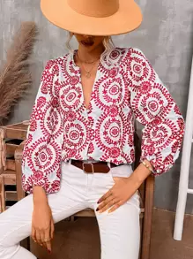 SHEIN VCAY Allover Print Notched Neck Bishop Sleeve Blouse - Red - View 1