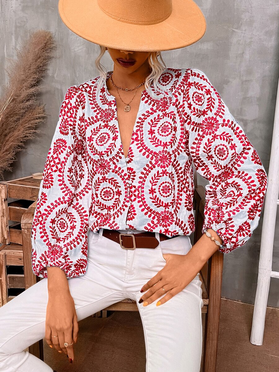 SHEIN VCAY Allover Print Notched Neck Bishop Sleeve Blouse - Red - View 1