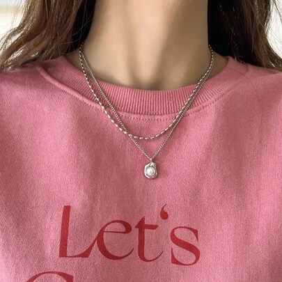 DAZY 假珍珠裝飾幾何迷人多層項鍊