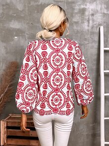 SHEIN VCAY Allover Print Notched Neck Bishop Sleeve Blouse - Red - View 2