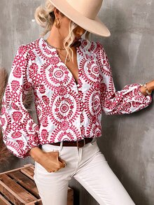 SHEIN VCAY Allover Print Notched Neck Bishop Sleeve Blouse - Red - View 3